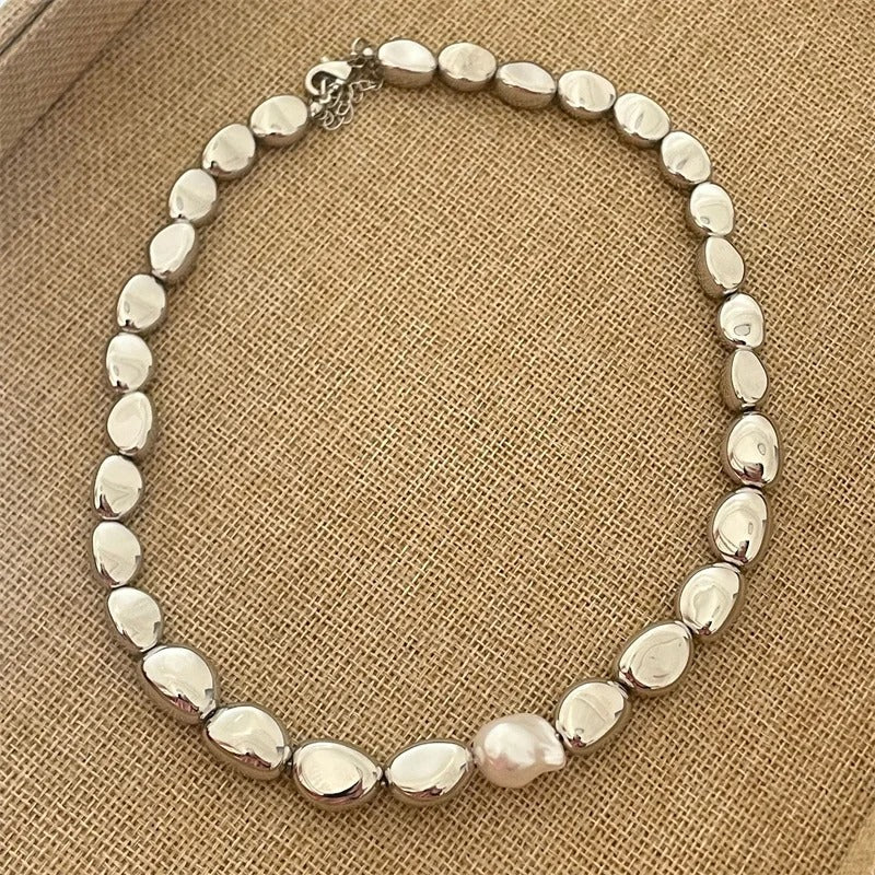 Collier Retro Perle Larme et Perle de Verre en Argent