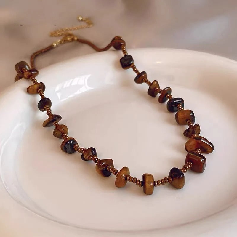 Collier Vintage Pierre Oeil de Tigre Marron