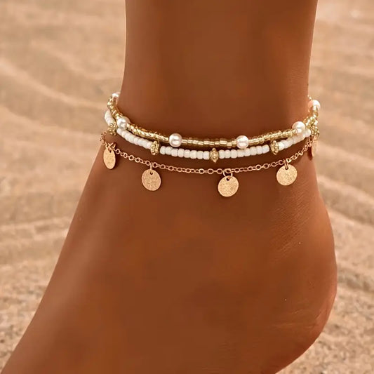 Set de Bracelets de Cheville Superposés Coastal Charm 3 pièces | Or