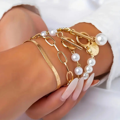 Ensemble de bracelets chic en or 4 pièces – Serpent, perles et maillons