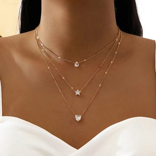 Collier Trois Pendentifs en Zircone Doree