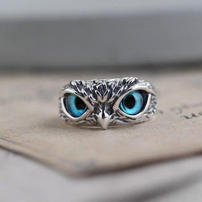 Bague Chouette Porte-Bonheur Ajustable en Argent et Opale