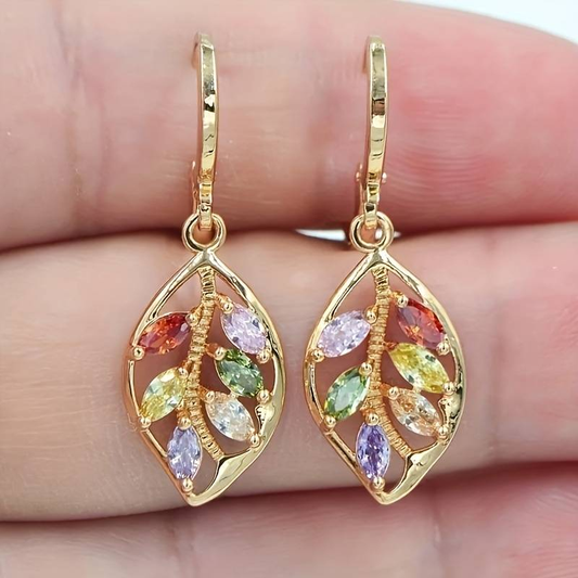 Boucles d’Oreilles Vintage Feuille Serties de Cristaux Multicolores