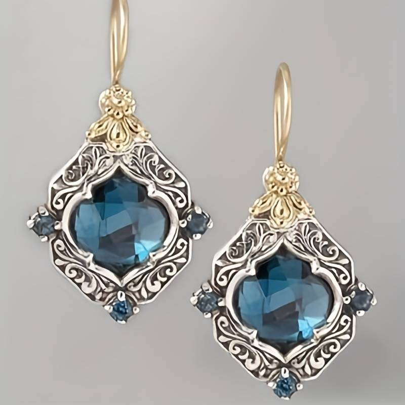 Boucles d'oreilles Vintage en Cristal Bleu Or et Argent