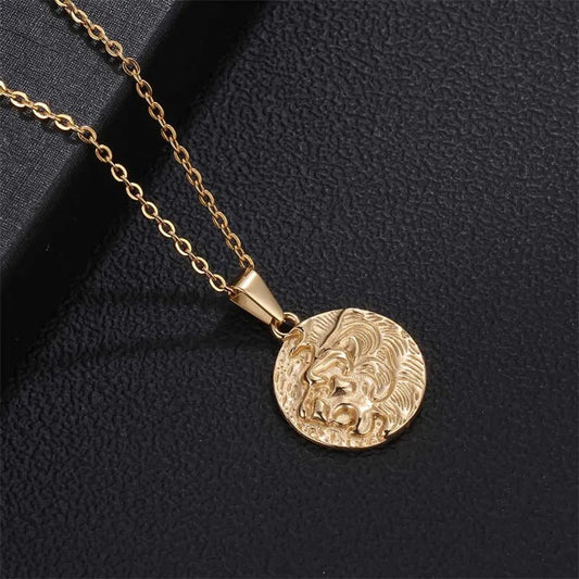 Collier Pendentif Medaille Tete de Lion en Or