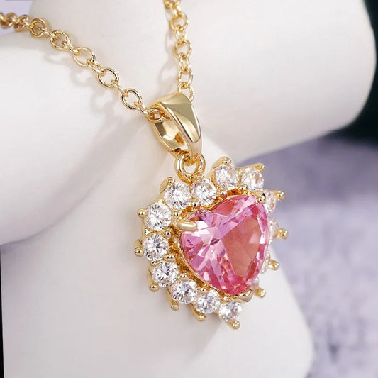 Collier Vintage Coeur Cristal Rose en Or