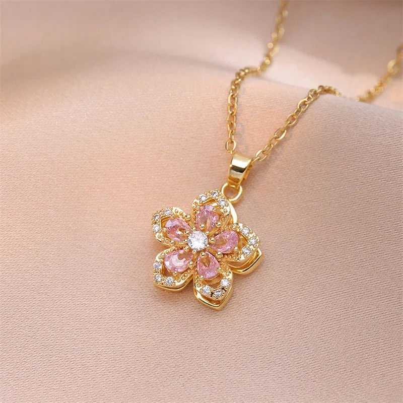 Collier Fleur Cristal Rose en Or