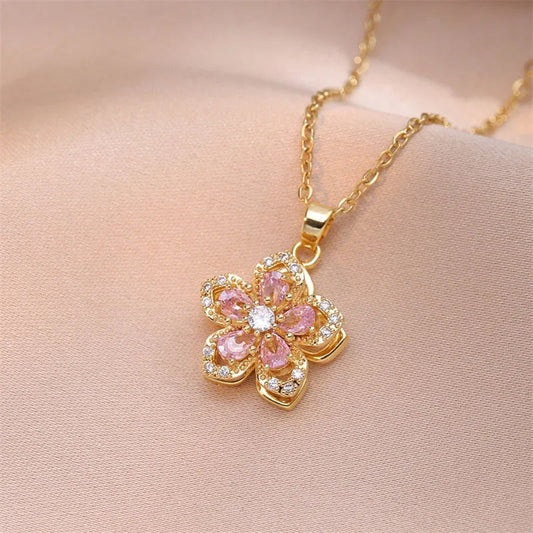 Collier Fleur Cristal Rose en Or