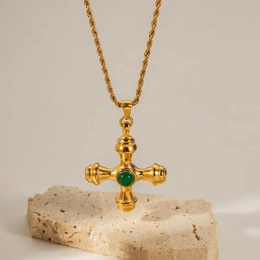 Collier Pendentif Croix Vintage Or avec Gemme Verte